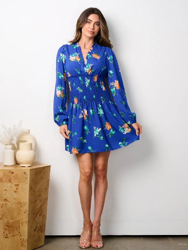 Chic & Cozy Collection WOMEN'S LONG SLEEVE V-NECK SMOCK FLORAL MINI DRESS