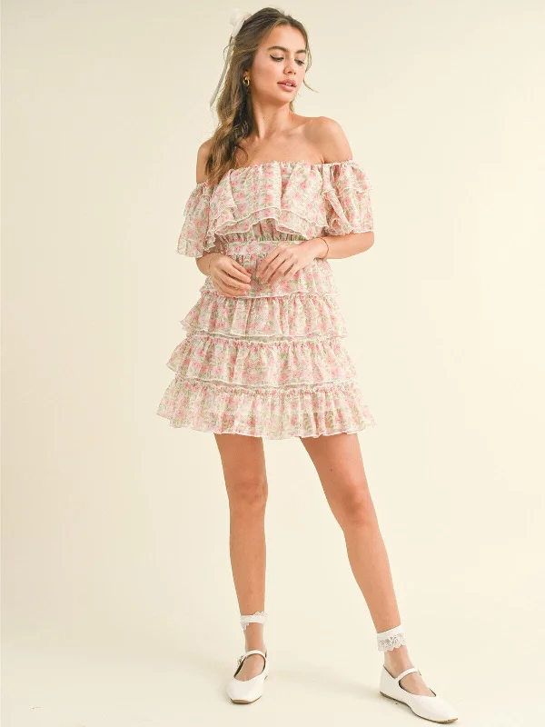 Redefining Women's Fashion WOMEN'S OFF SHOULDER TIERED RUFFLE FLORAL MINI DRESS