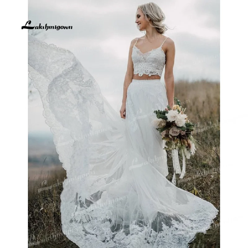 Embrace New Fashion Roycebridal Two Piece Tulle A-Line Boho Wedding Dresses V-Neck Spaghetti Straps Lace-Up Sleeveless Sweep Train Bride Gowns Appliques Pleats