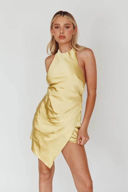 Trend Leading Collection Sonoma Halterneck Faux Wrap Twist Back Mini Dress Lemon