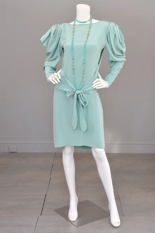 Casual Fashion for Women 1980s Powder Aqua Blue Drape Back Open Shoulder Dramatic Disco Era Dress Casual Fashion for Women 1980s Powder Aqua Blue Drape Back Open Shoulder Dramatic Disco Era Dress