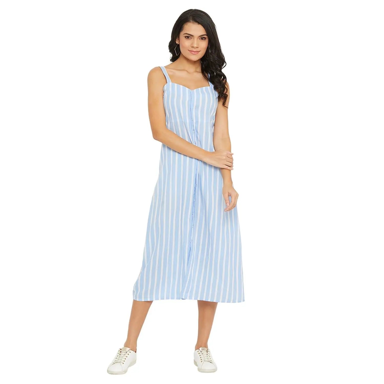 New Styles Just In Adults-Women Blue and White Stripe Fit and Flare Midi Dress