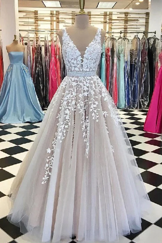 Trend Setting Wardrobe Roycebridal V-neck Lace Long Wedding Dress,Tulle Ball Gown Prom Dress With Appliques,MW396