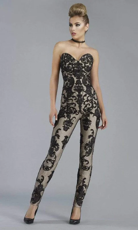 Fashion Sale Janique - K6561 Strapless Contrast Brocade Jumpsuit - 1 pcs Black/Nude in Sizes 10 Available