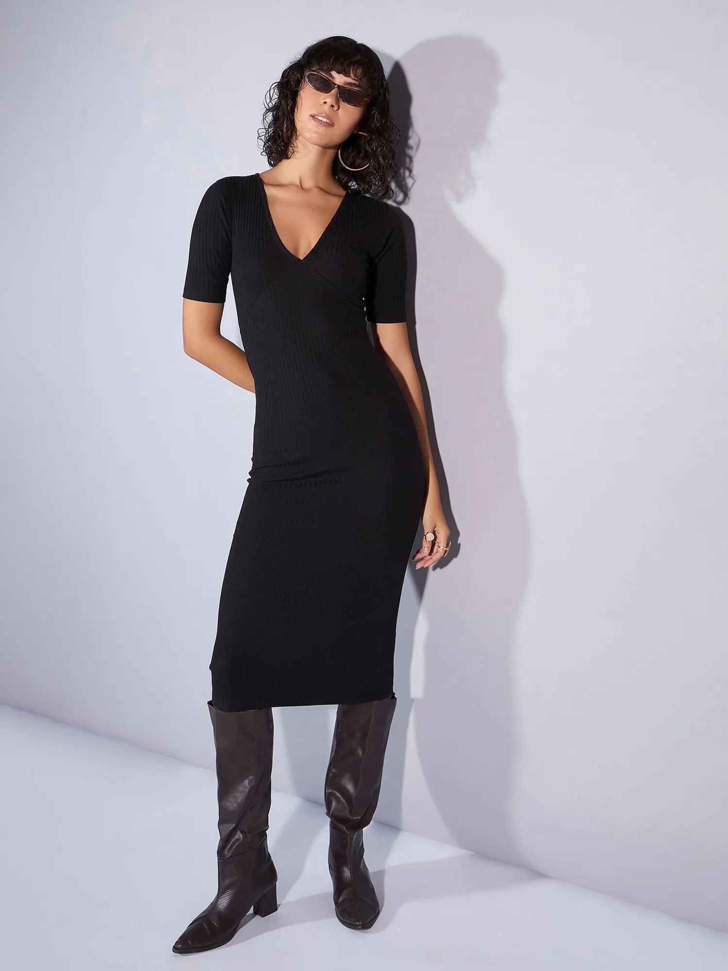 Style Streetwear Women Black Rib V Neck Midi Dress-SFDRSS12352