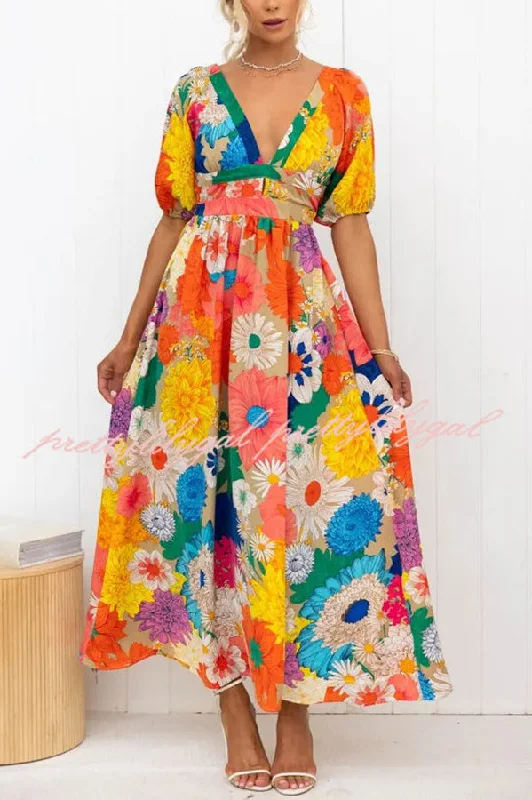 Elevate Your Wardrobe Floral Frenzy Printed Puff Sleeve Back Smocked Maxi Dress