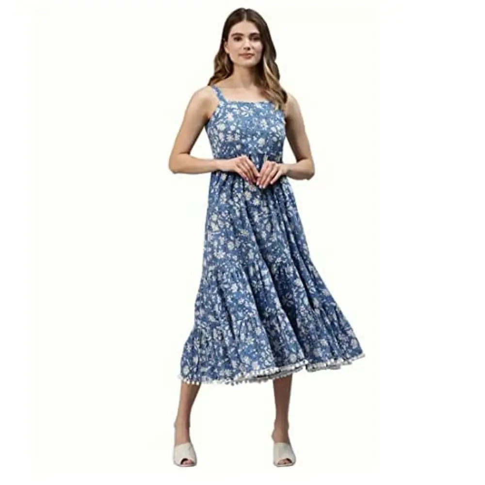 Minimalist Style Divena Indigo Floral Printed Shoulder Strip Long Dress