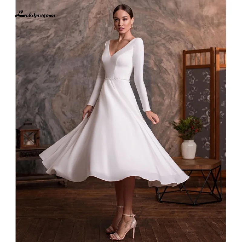 Hot Trends Roycebridal vestido de novia corto  Short Tea Length Simple Long Sleeve V Neck Wedding Dresses With Buttons Backless  robe mariage