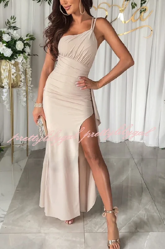 Bid Farewell To The Old Season Party Love One Shoulder Ruched Waist Ruffle Slit Maxi Dress