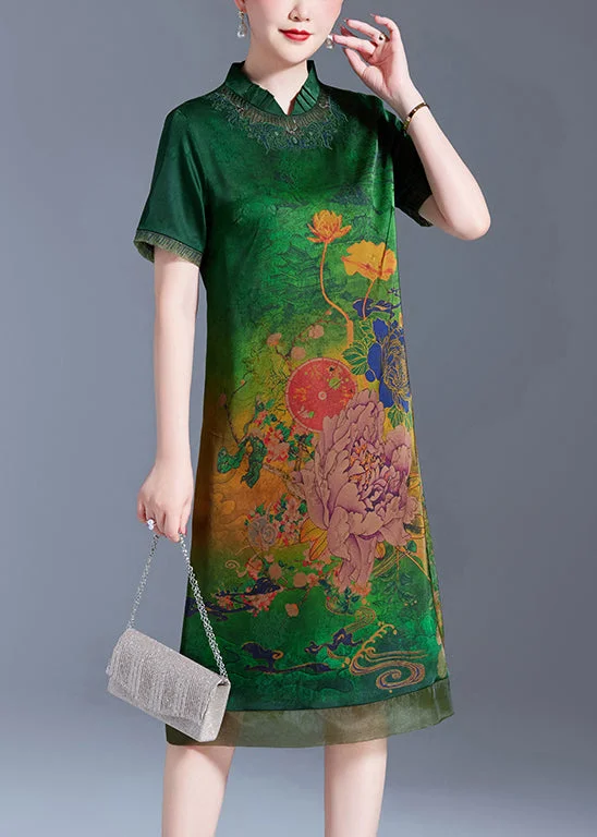 Women's Travel Apparel Green Print Patchwork Silk Dress Stand Collar Summer