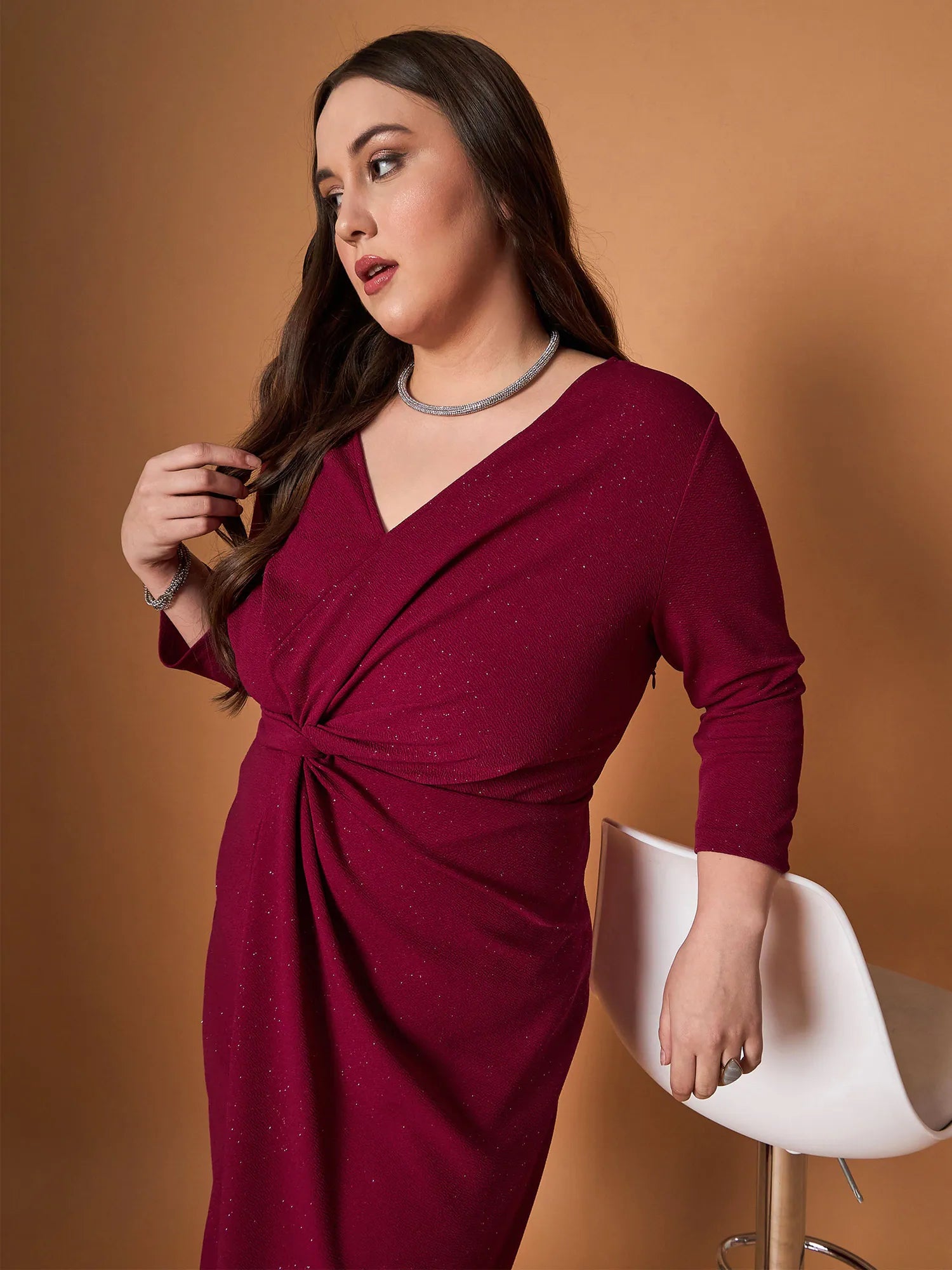 The Epitome Of Modern Women's Fashion Women Maroon Glitter Side Knot Midi Dress-SFDRSS12466