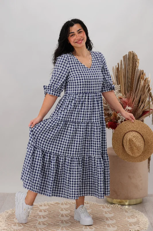 Get The Latest Trends Silver Wishes Gingham Tier Midi Dress Navy