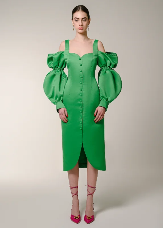 All Season Fashion Collection GREEN PUFF SLEEVES DRESS