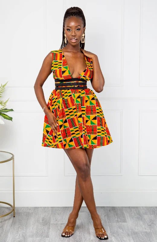 Colorful Clothing Traditional Kente African Print Plunge Neckline Mini Dress - KENYA