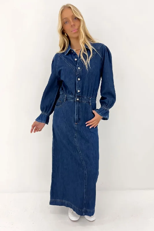 Stylish Statements Macey Denim Maxi Dress Mid Blue