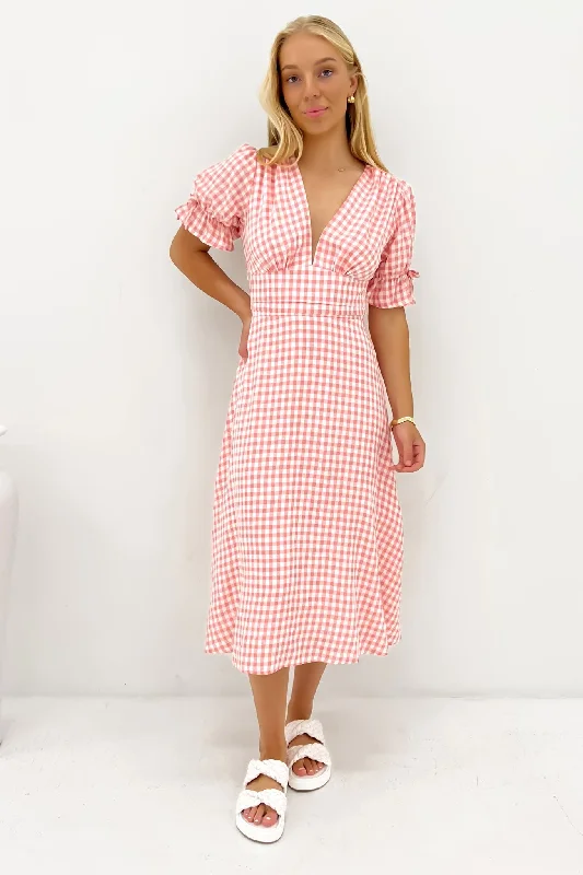 Comfortable Clothes Aspyn Midi Dress Pink Gingham