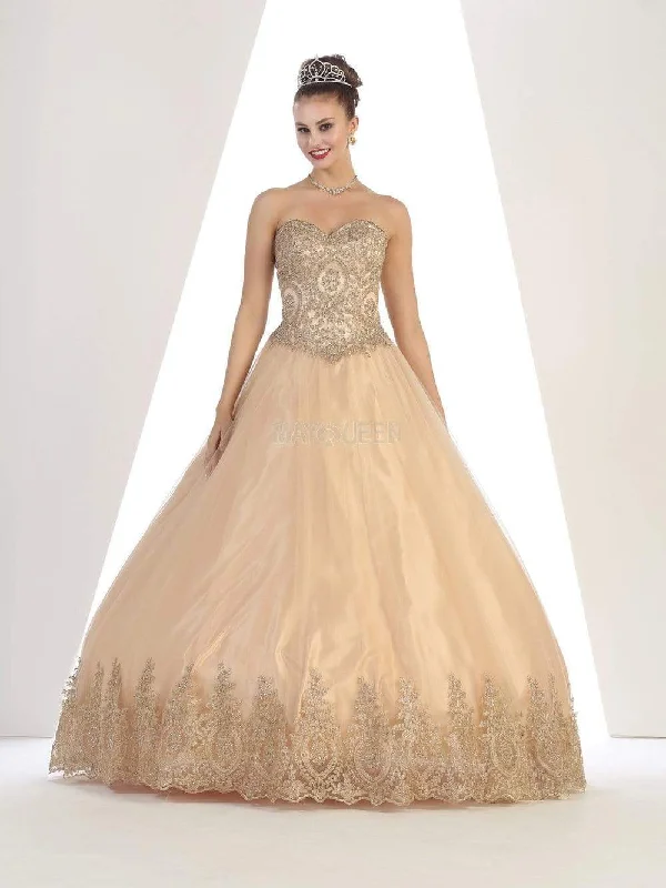 Versatile Style Wardrobe May Queen - LK73 Strapless Sweetheart Gold Lace Embellished Ballgown