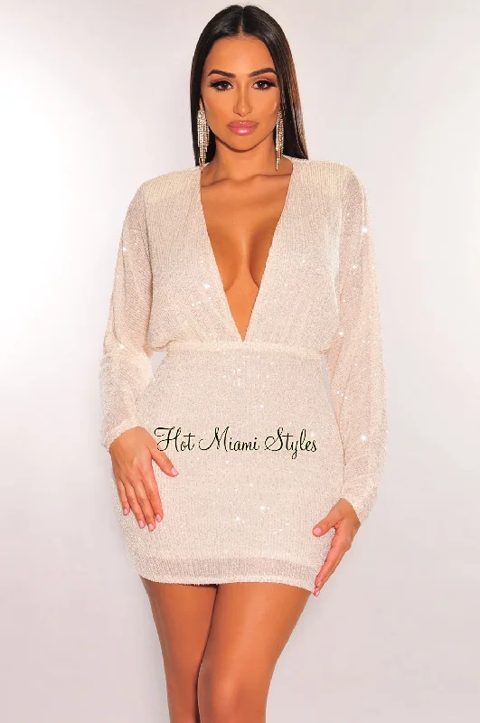 Rocker Chic Fashion Cream Sequins Plunge V Neck Long Sleeve Mini Dress