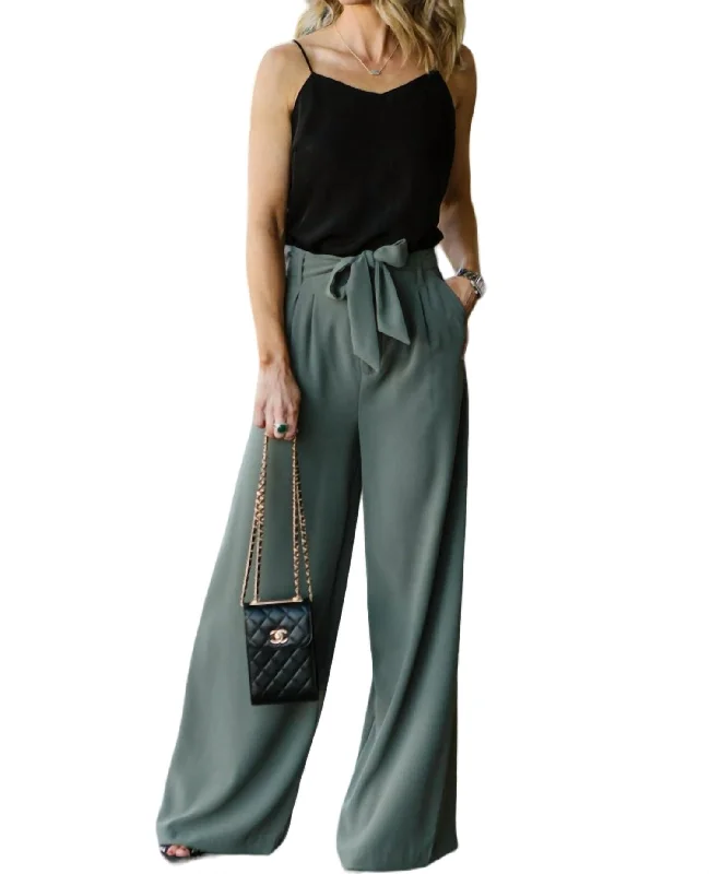 Versatile Wardrobe Essentials Wide Stride Tie Waist Trouser In Green