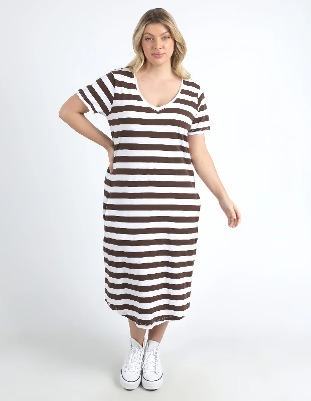 Huge Markdowns Elm Maeve Midi Dress Stripe Chocolate/White Stripe