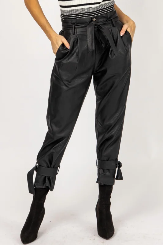 Imeless Style Leather Pleated Ankle Tie Pants In Black