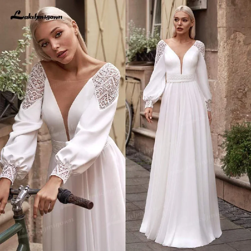 Casual Chic Roycebridal Vestidos Simple Boho Long Sleeve Wedding Dresses V Neck Robe Longue Beach Chiffon A-Line Wedding Gowns vestido de novia