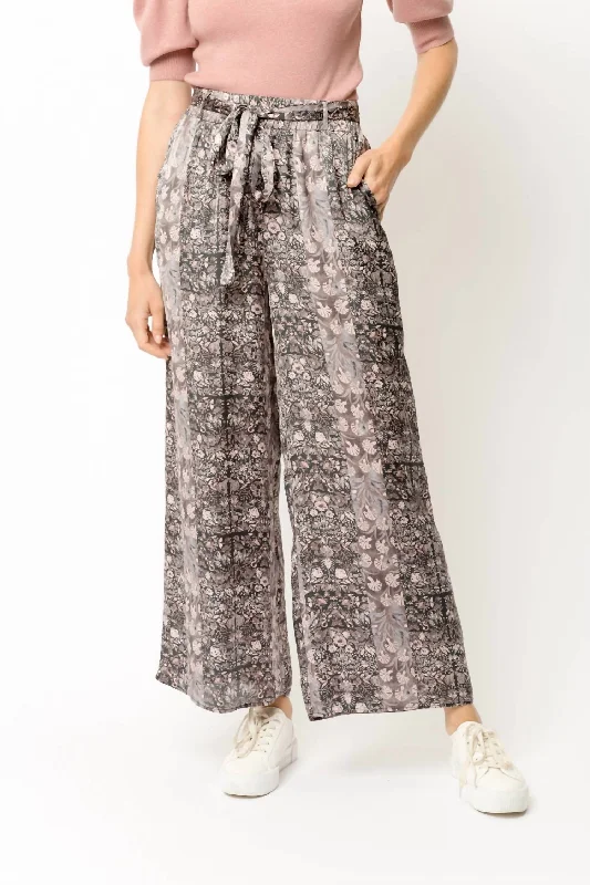 Vintage Style Clothing Sale Floral Print Satin Wide Leg Pants In Charcoal