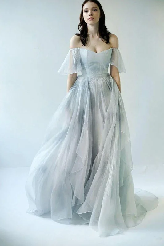 Style Beyond Borders Roycebridal Unique Grey Blue Chiffon Off Shoulder Wedding Dresses, Bridal Gown, MW592