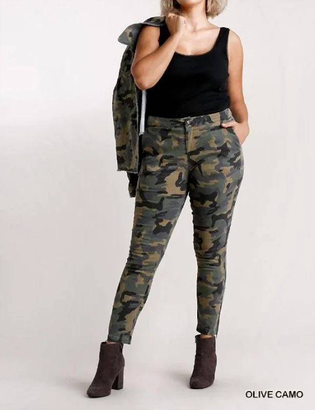 Step Ahead, Lead The Trend Slim Leg Plus Pants With Zipper Detail In Green Camo