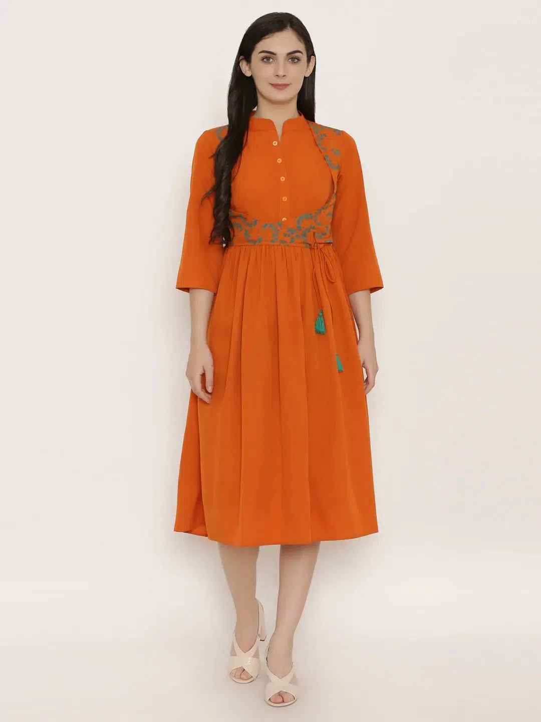 Chic Trend Collection Midi dress with printed mock waistcoat in Rust