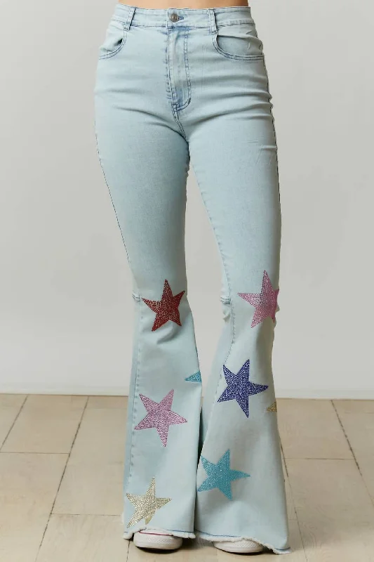 Flash Sale Starts Rhinestone Starry Flare Pants In Medium Washed Blue