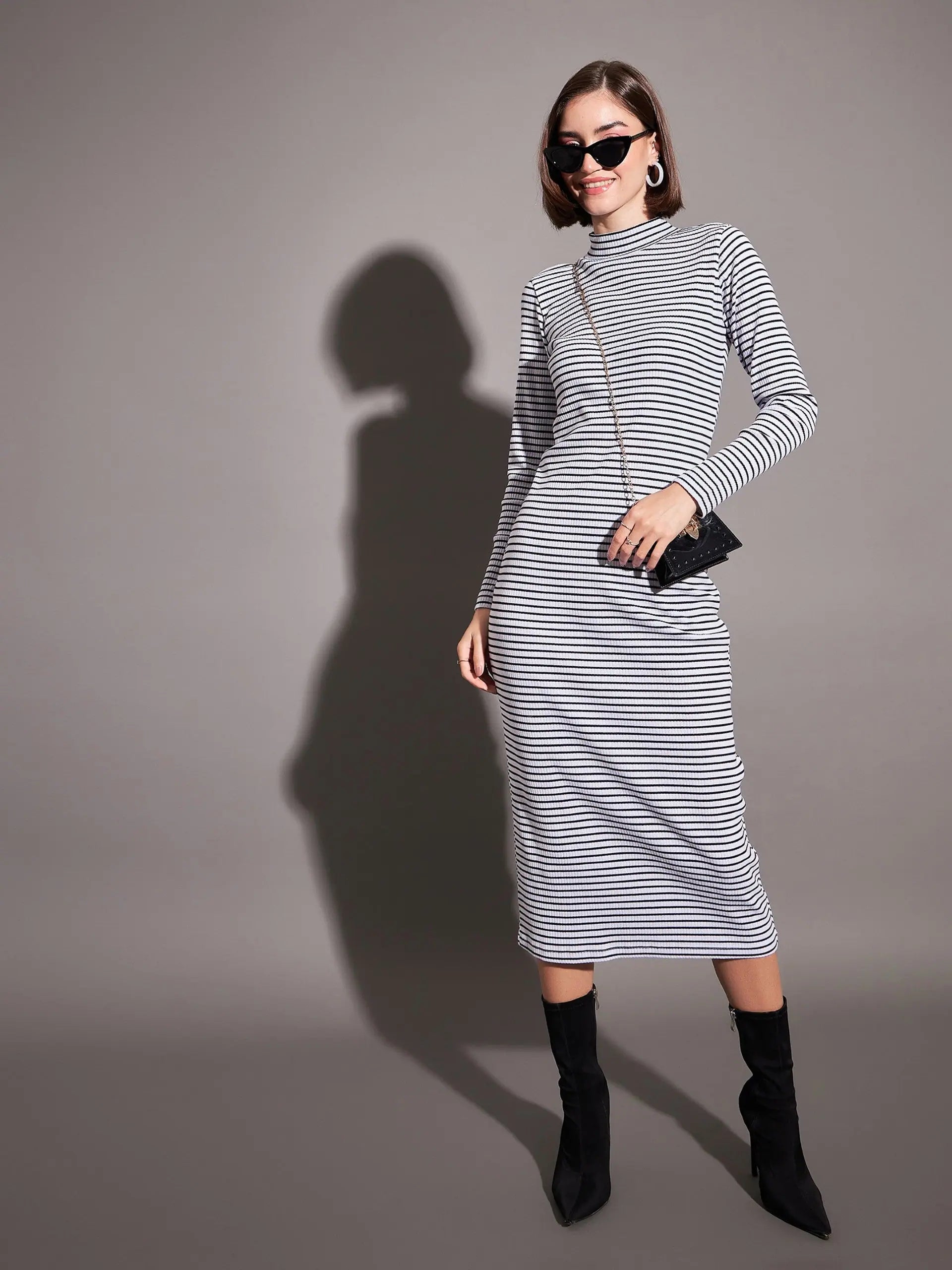 Chic Casual Style Women Black & White Striped Rib High Neck Maxi Dress