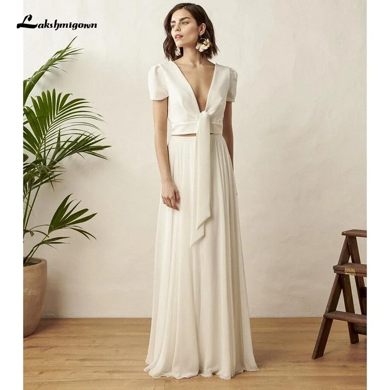 Explore What's New Roycebridal Two Piece White Wedding Dress Boho Wedding Dress Simple Beach Short Sleeve Backless Robe De Mariee For women