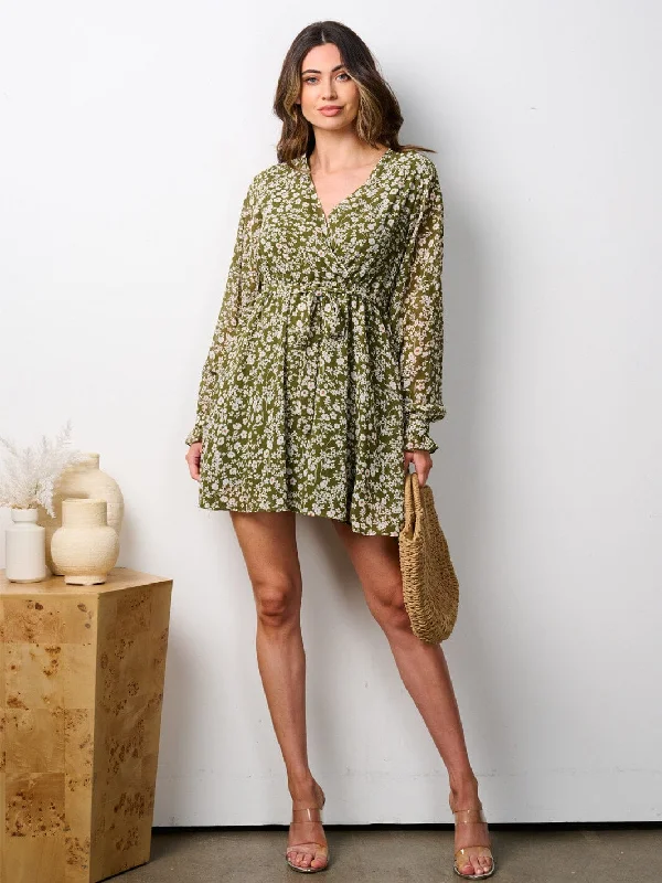 Trendy Urban Attire WOMEN'S LONG SLEEVE SURPLICE ELASTIC WAIST FLORAL MINI DRESS