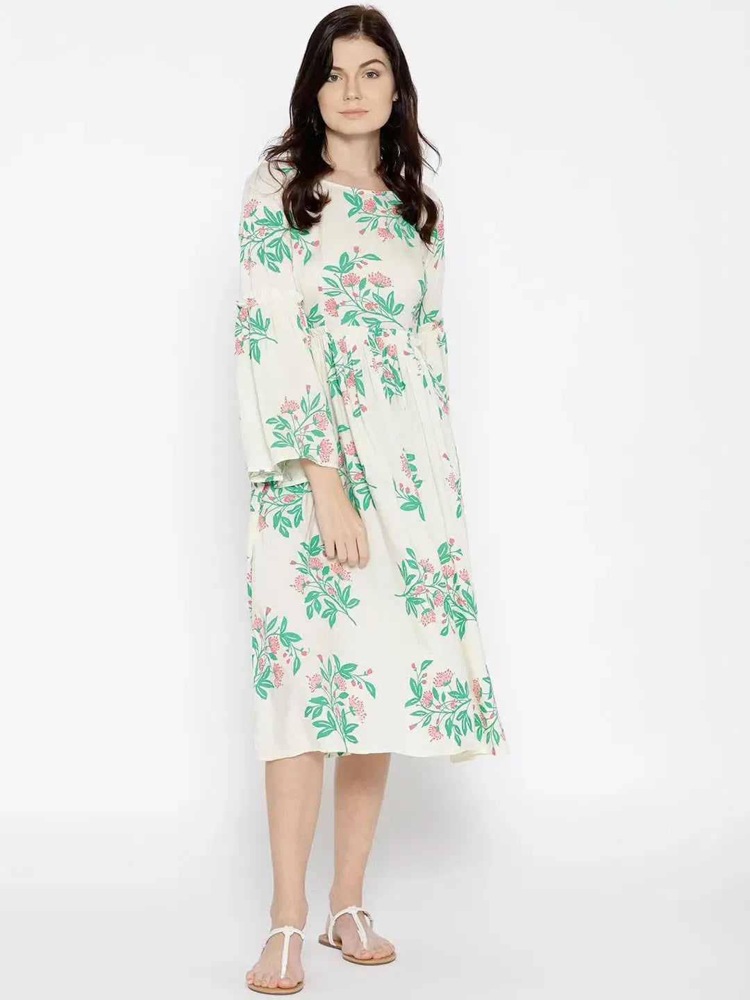 Fashion Forward Femme Foral Print Midi Dress with bell sleeve in Off White