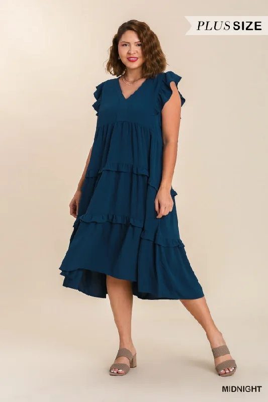 Timeless Elegance Plus Size Navy Blue ruffle tier midi dress with flutter sleeve