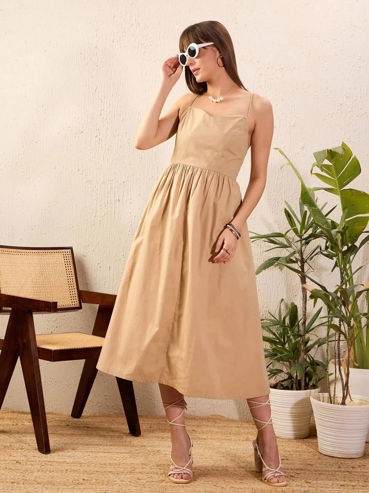 Hot Styles Women Beige Strappy Back Tie Midi Dress