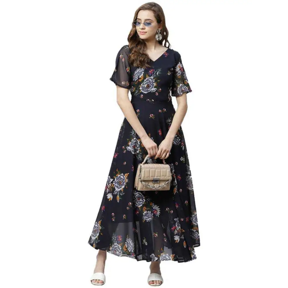 Online Boutiques Affordable Women Fit and Flare Floral Printed Georgette Dress