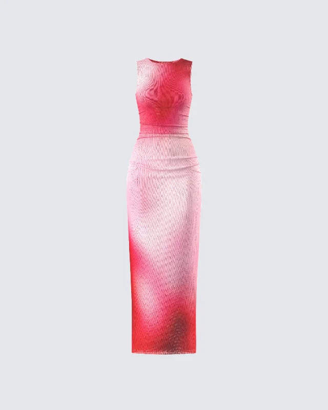 Earthy Tones Aldina Red Print Mesh Maxi Dress