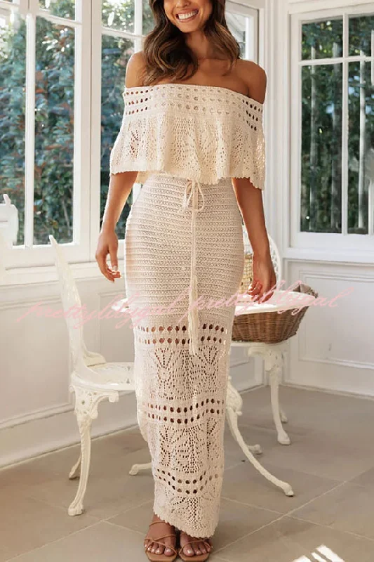 Classic Women's Fashion Jolene Knit Crochet Texture Off Shoulder Drawstring Waist Maxi Dresses