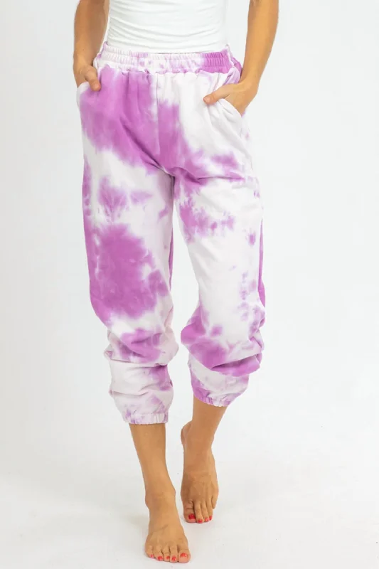 Fashion Essentials Tie Dye French Terry Joggers In Purple