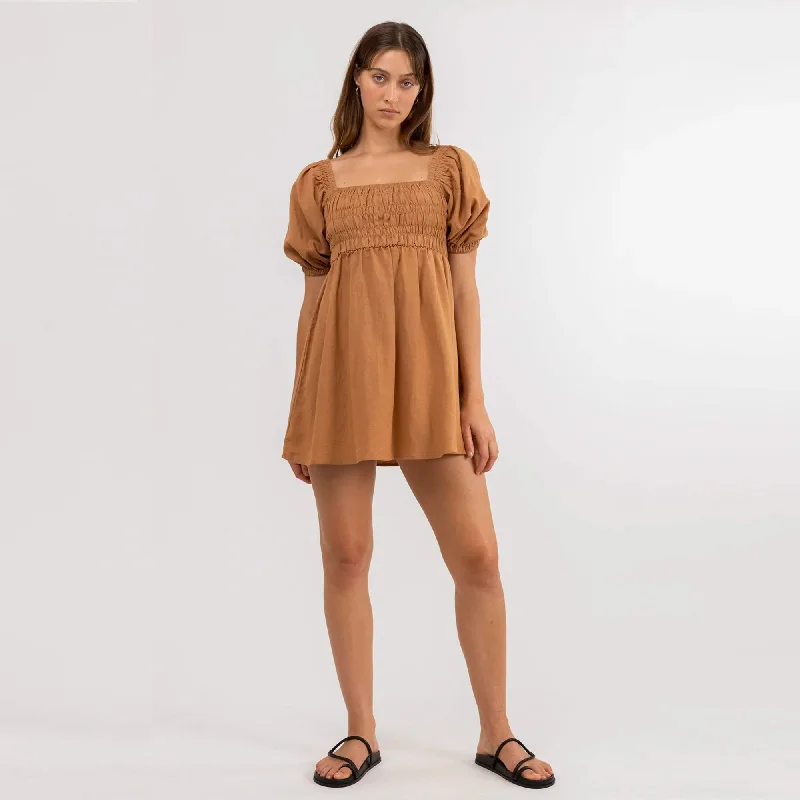 Earthy Tones Rhythm Saskia Smocked Women's Mini Dress - Biscuit