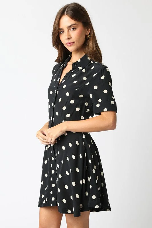 Bold Prints Casual Chic Felicia Short Sleeve Button Down Polka Dot Mini Dress Black