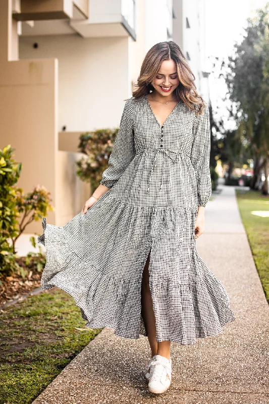 Unleash Your Trendy Side Silver Wishes Selma Gingham Long Sleeve Midi Dress