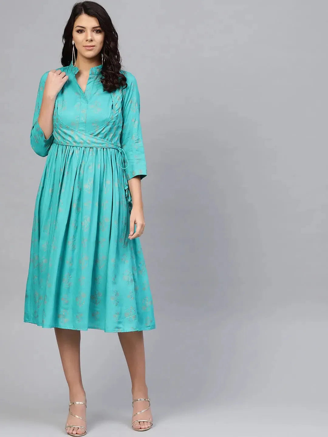 Versatile Wardrobe Essentials Printed Midi dress with mock waistcoat in Aqua Blue