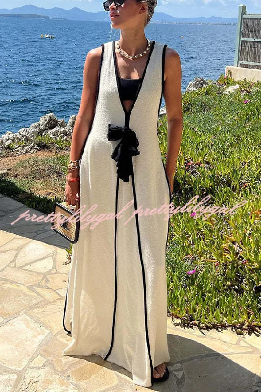 Enjoy Discount Boat Date Knit Contrast Self Tie Flowy Oversized Maxi Dress