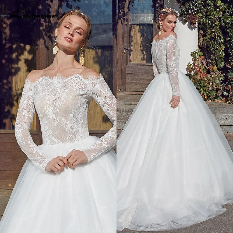 Must-Have Styles Roycebridal Vintage Beach Princess Wedding Dresses Long Sleeve Ball Gown Boat Neck Robe Mariee White Boho Bridal Gowns vestido de novia