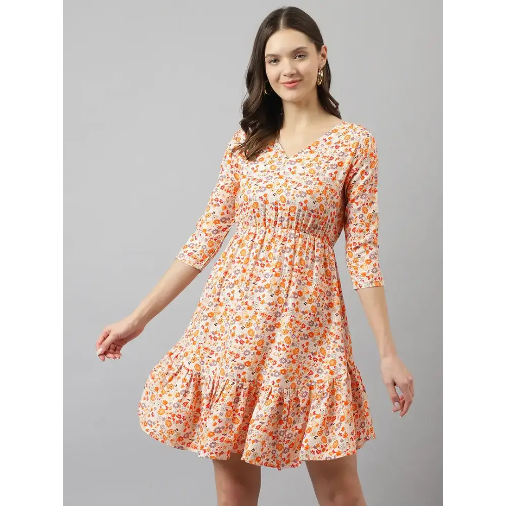 Versatile Style Wardrobe Stylish Orange Polyester Floral Printed Fit And Flare Dress For Women