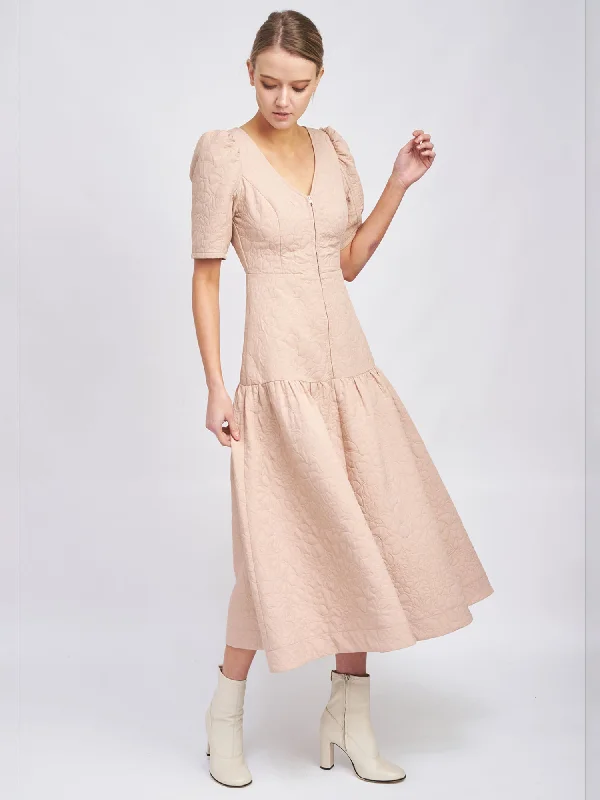 Embrace New Fashion En Saison Quilted Puff Sleeve Midi Dress