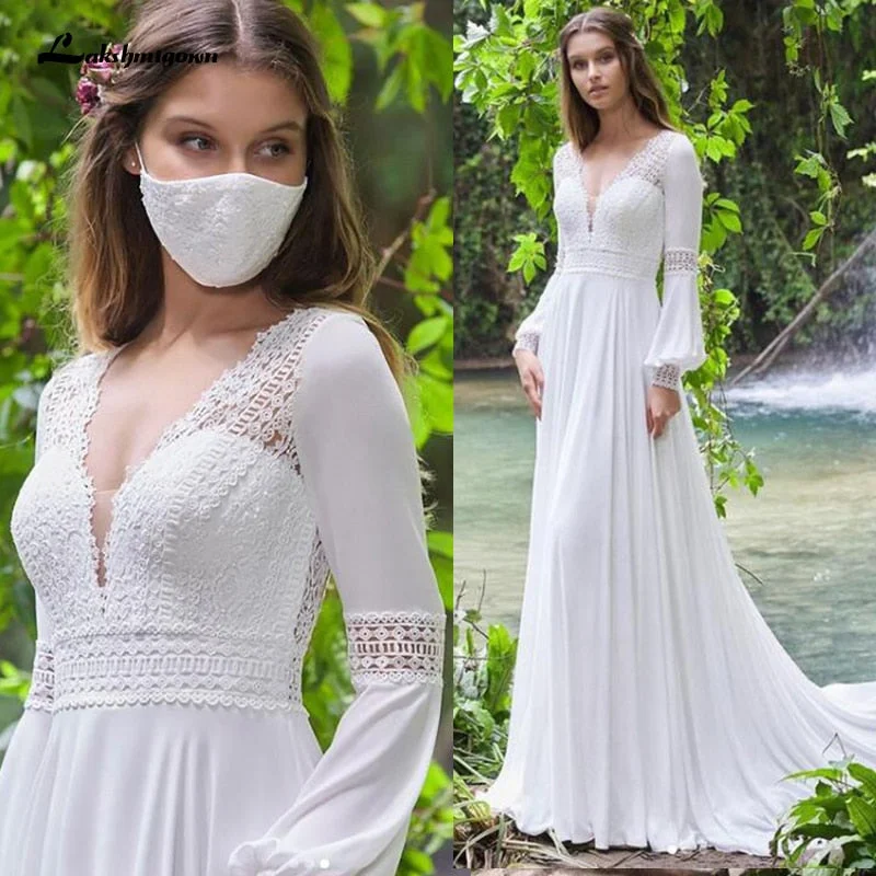 Online Impressions Boutique Roycebridal Vintage Long Puff Sleeves Wedding Dress Lace And Chiffon A Line Bride Gowns Backless Sexy Boho Bridal Dress New  Arrival